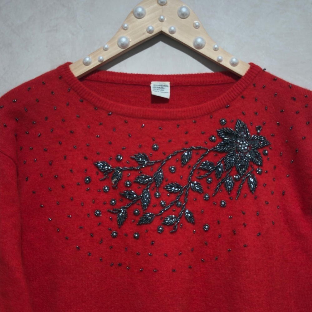 Vintage Red Lambswool Angora Beaded Sweater, S/M, Luxury Floral Embellished Knit - Picture 3 of 12